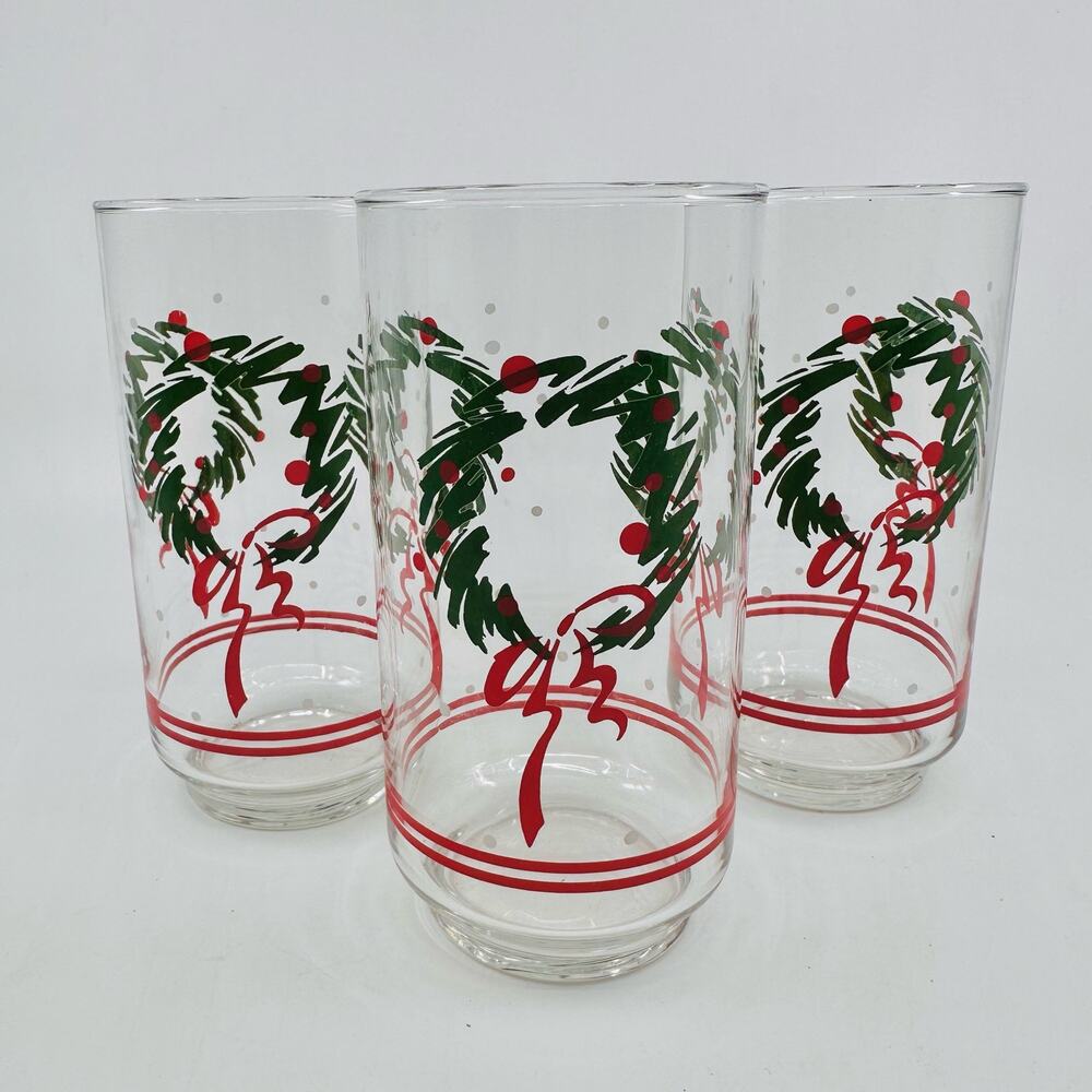 Set of 3 Vintage Libbey Christmas Glasses Green Wreath Red Bow Vtg Xmas Holiday